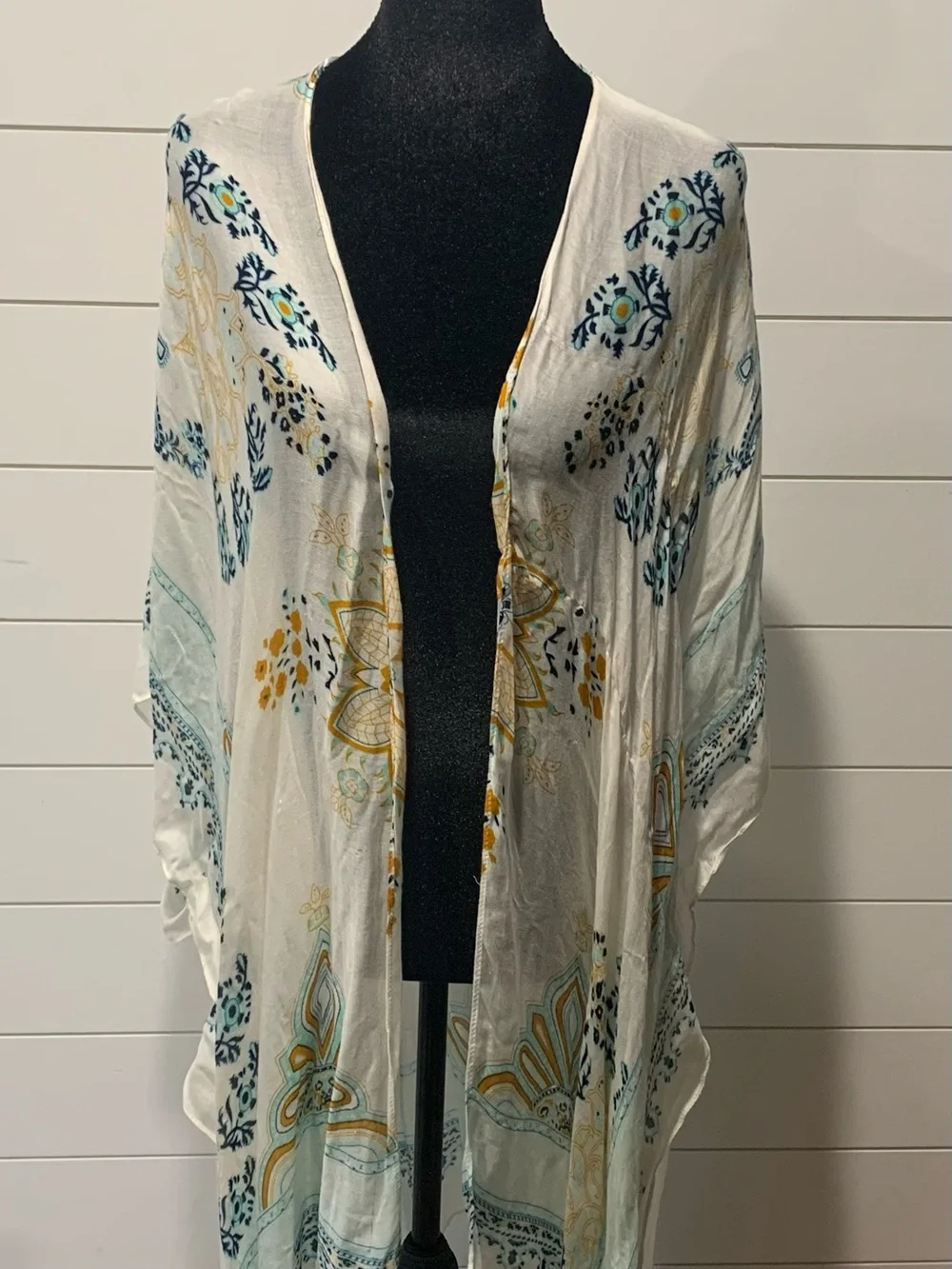 Woven Heart White Floral Kimono Cover-Up with Teal and Mustard Accents